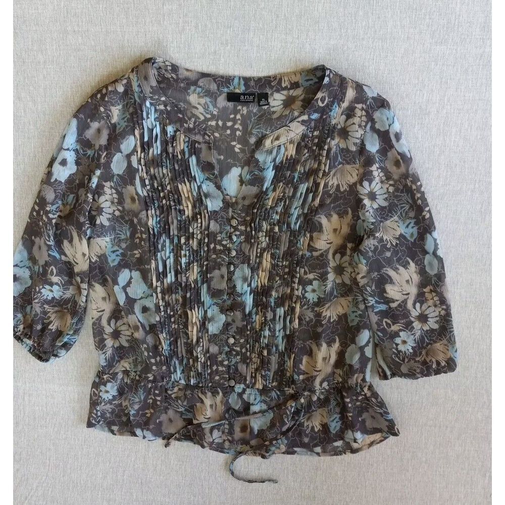 Ana Womens‎ XL Summer Floral Button-Up Long Sleeves Stretch Waistband Top Blouse